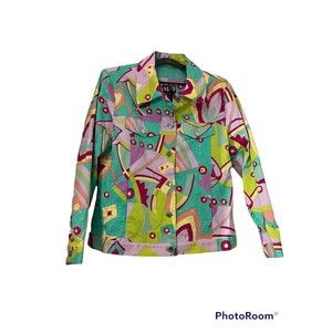 VTG Redd Jeans Jacket Abstract Sequin‎ Printed Bling Pocket Pink Button Front 10